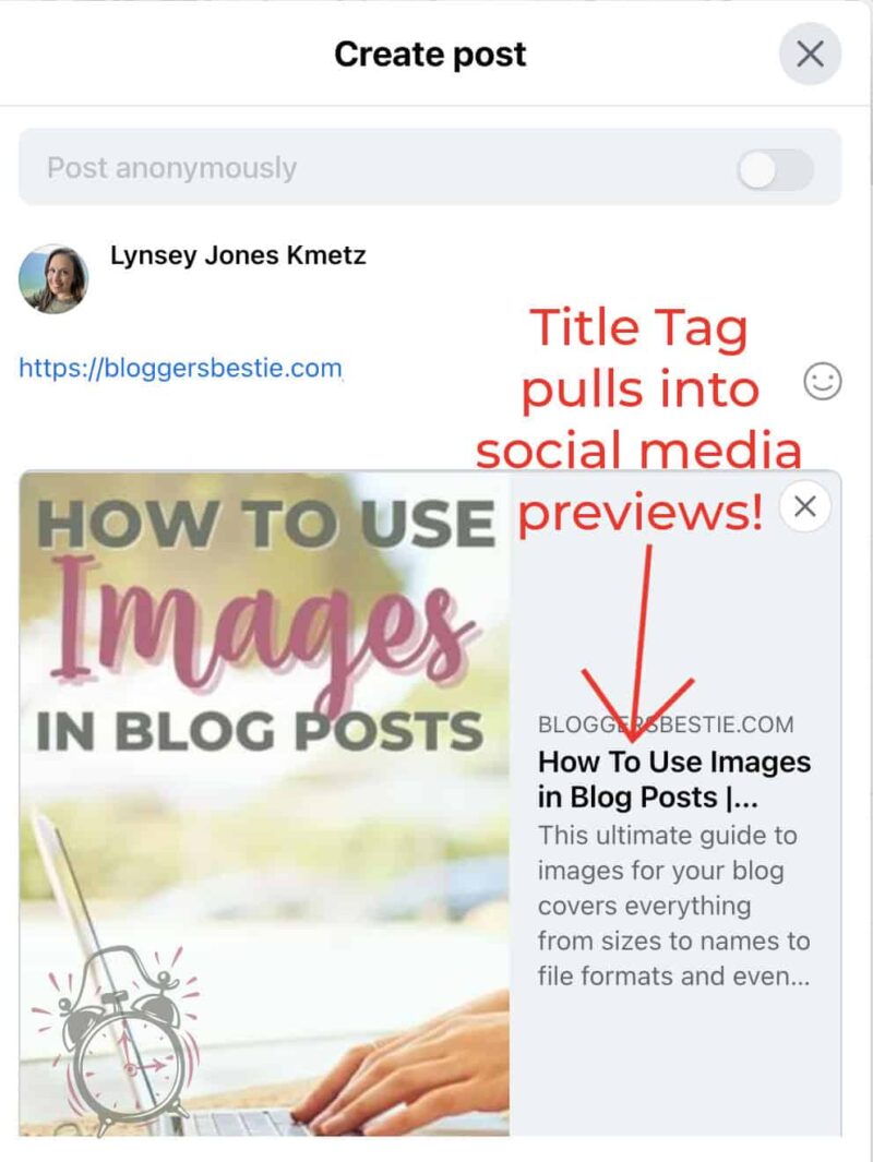 screenshot of a Facebook Post showing title tag placement in preview