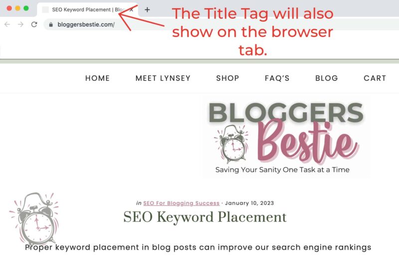 screenshot of bloggersbestie.com showing proper seo keyword placement in browser tab
