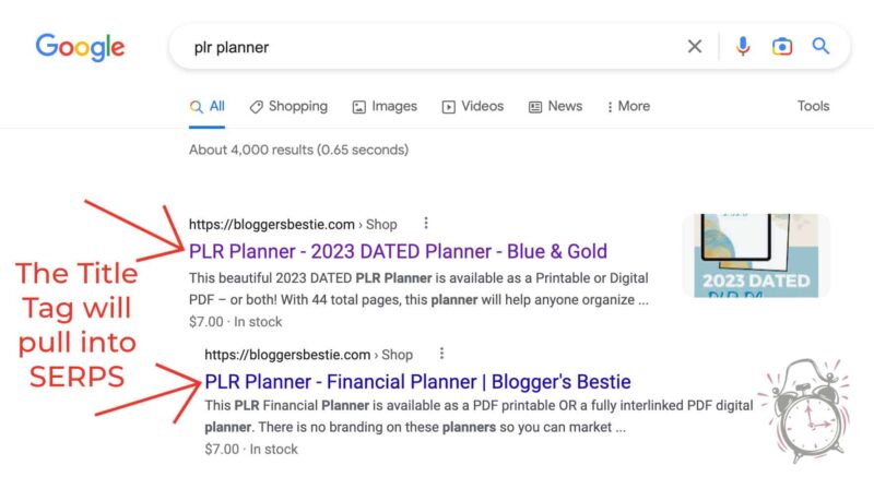 screenshot of google search results showing title tag results